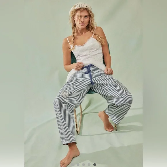 NEW WE THE FREE PEOPLE Moxie Railroad Low Slung Pull on Barrel Jeans Stripe 29 - Picture 3 of 16